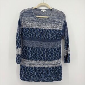 J. Jill Sweater Blue White Womens Size Small Textured Knit 3/4 Sleeve Pullover